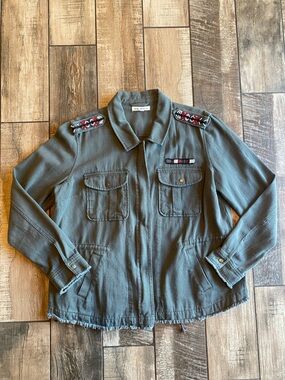 Indigo Thread Co Olive Green Military-Style Embellished Jacket